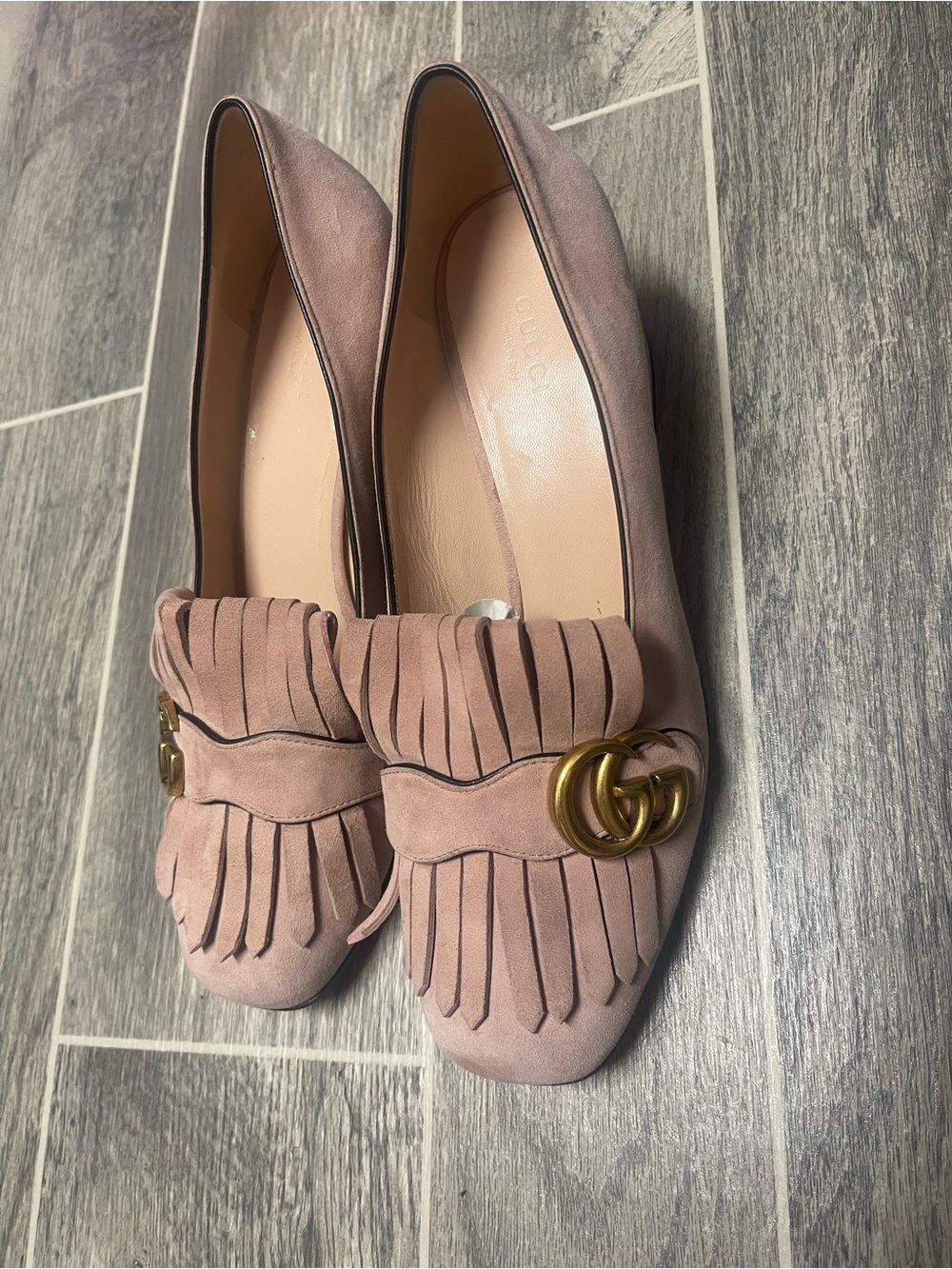 Gucci Pink Suede Fringe Loafers with Gold GG - Picture 14 of 16